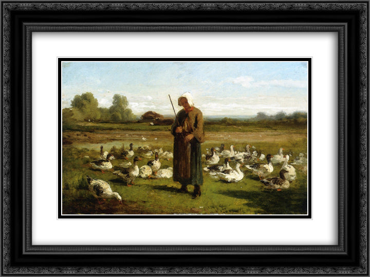 Goose Girl 24x18 Black Ornate Wood Framed Art Print Poster with Double Matting by Troyon, Constant