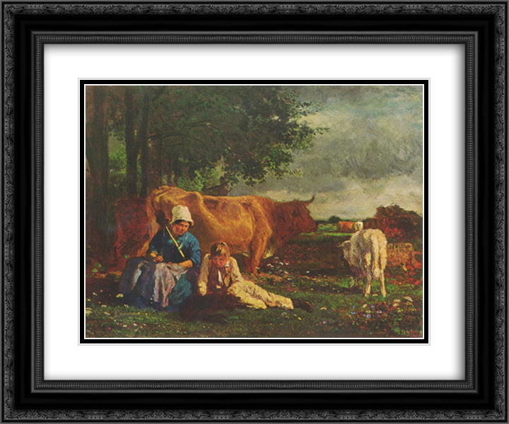 Pastoral Scene 24x20 Black Ornate Wood Framed Art Print Poster with Double Matting by Troyon, Constant
