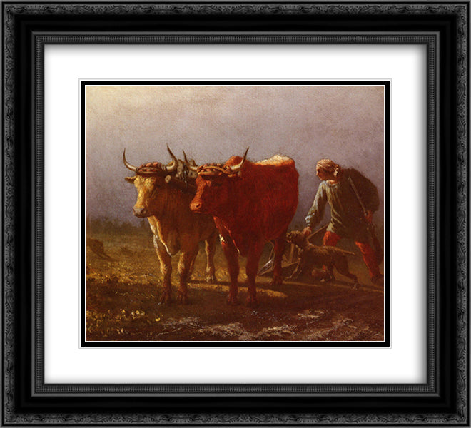 Plowing 22x20 Black Ornate Wood Framed Art Print Poster with Double Matting by Troyon, Constant