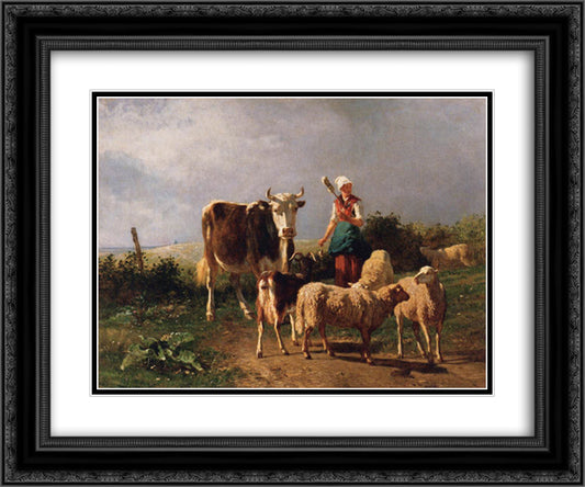 Return of the Herd 24x20 Black Ornate Wood Framed Art Print Poster with Double Matting by Troyon, Constant