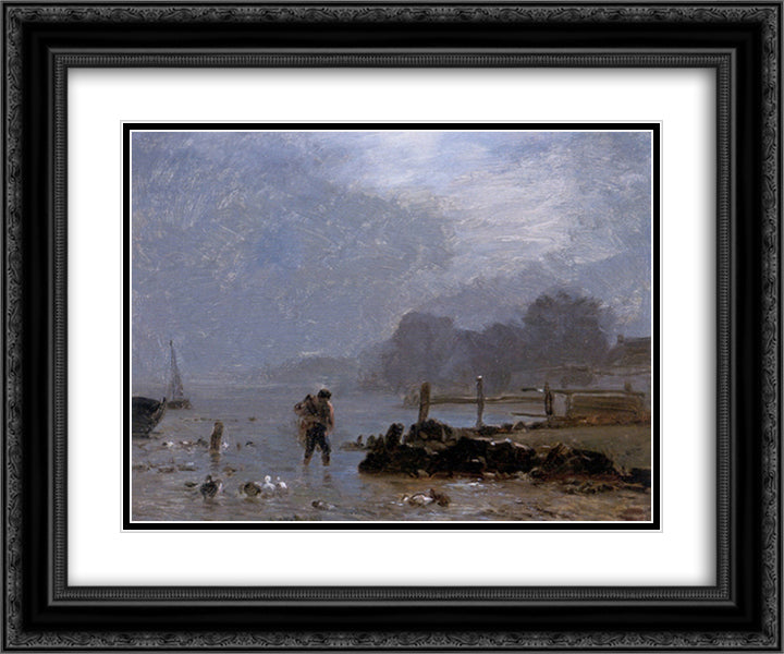 The Fisherman 24x20 Black Ornate Wood Framed Art Print Poster with Double Matting by Troyon, Constant