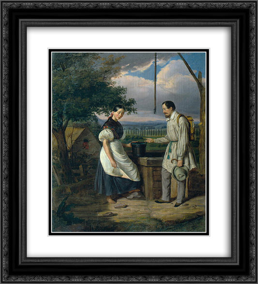 Scene at a Fountain 20x22 Black Ornate Wood Framed Art Print Poster with Double Matting by Rosenthal, Constantin Daniel