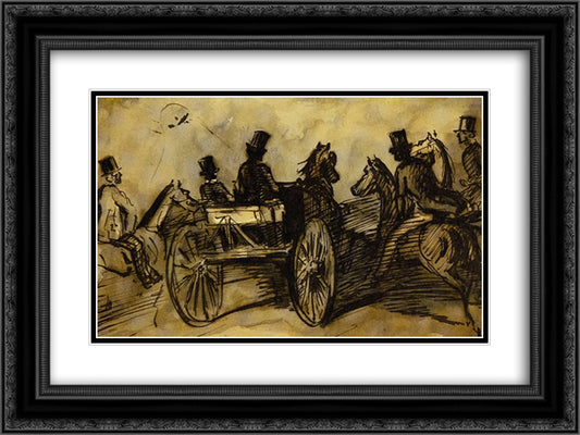 Carriage and Three Gentlemen on Horses 24x18 Black Ornate Wood Framed Art Print Poster with Double Matting by Guys, Constantin