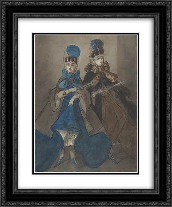 Two Women with Fans 20x24 Black Ornate Wood Framed Art Print Poster with Double Matting by Guys, Constantin