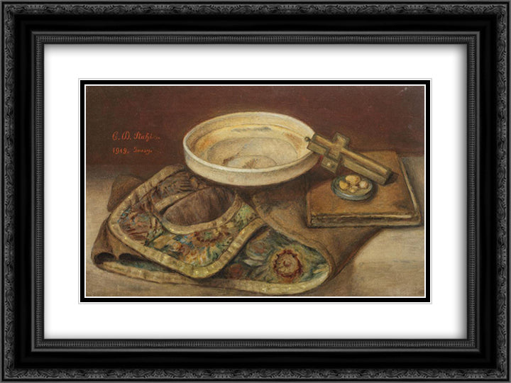 Still Life With Christian Artefacts 24x18 Black Ornate Wood Framed Art Print Poster with Double Matting by Stahi, Constantin