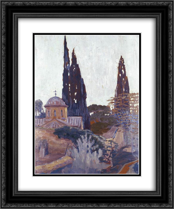 Church with Cypress 20x24 Black Ornate Wood Framed Art Print Poster with Double Matting by Maleas, Constantine