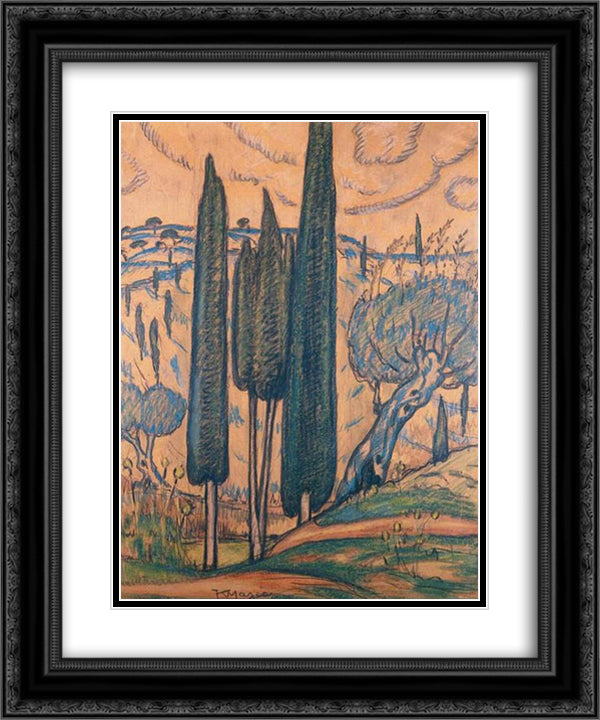 Landscape with cypresses 20x24 Black Ornate Wood Framed Art Print Poster with Double Matting by Maleas, Constantine