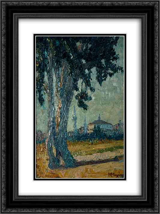 Landscape with tree and mosque in the background 18x24 Black Ornate Wood Framed Art Print Poster with Double Matting by Maleas, Constantine