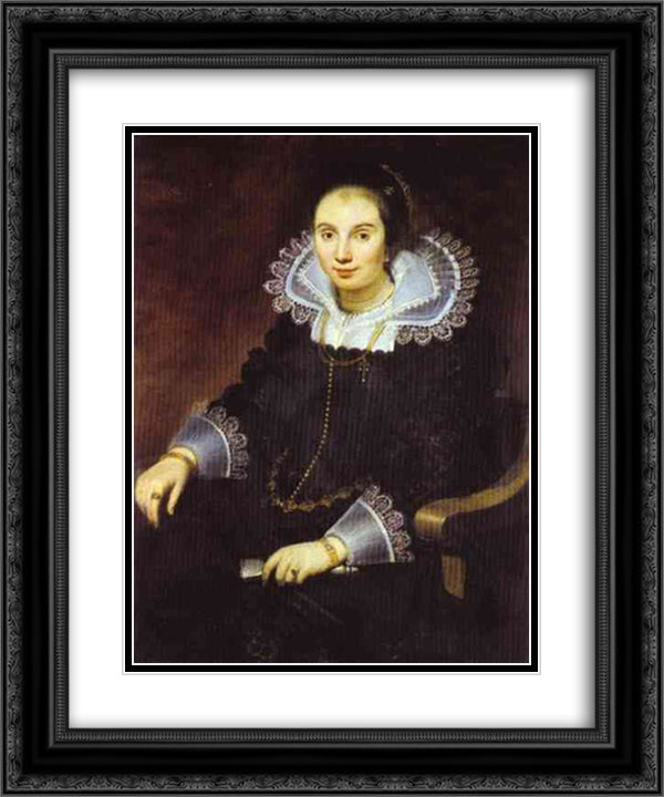 Portrait of a Lady with a Fan 20x24 Black Ornate Wood Framed Art Print Poster with Double Matting by Vos, Cornelis de