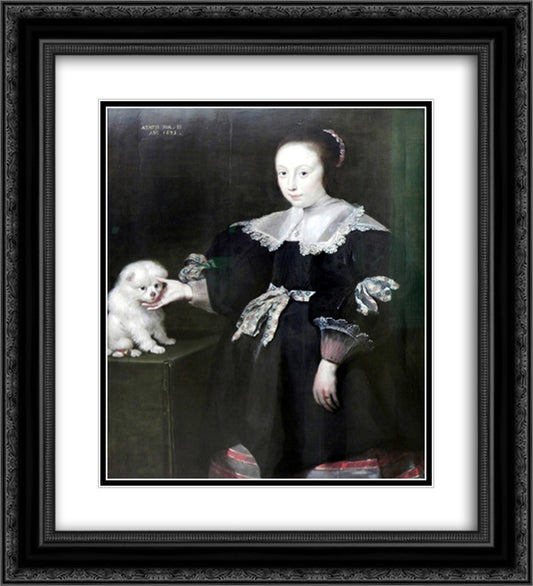 Portrait of an eleven year old girl with a dog, dressed in Spanish fashion 20x22 Black Ornate Wood Framed Art Print Poster with Double Matting by Vos, Cornelis de