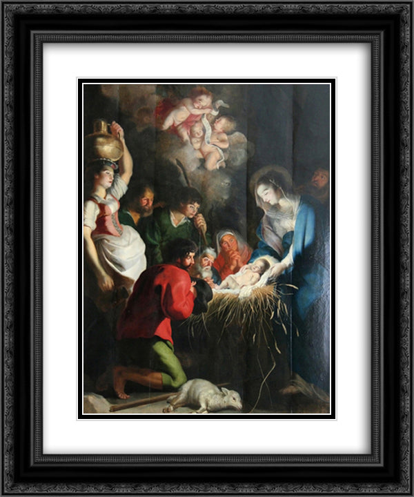 The Birth of Jesus 20x24 Black Ornate Wood Framed Art Print Poster with Double Matting by Vos, Cornelis de