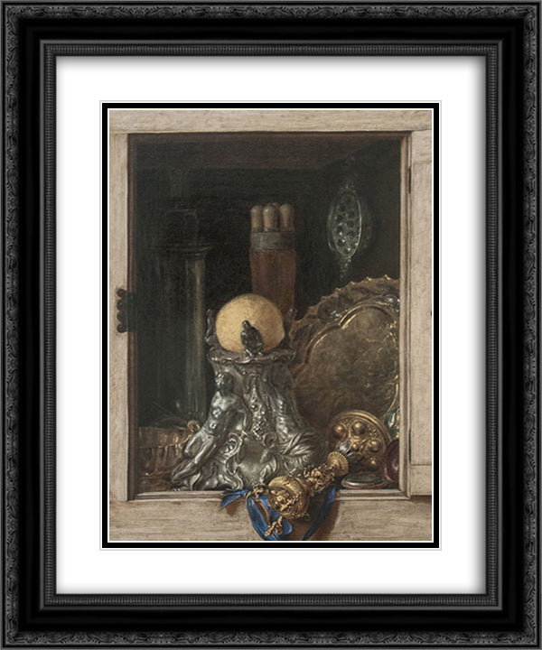 Silverware in an Open Cabinet 20x24 Black Ornate Wood Framed Art Print Poster with Double Matting by Gysbrechts, Cornelis Norbertus