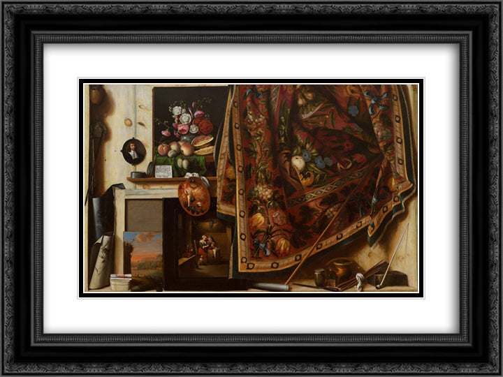 Trompe l'oeil. A Cabinet in the Artist's Studio 24x18 Black Ornate Wood Framed Art Print Poster with Double Matting by Gysbrechts, Cornelis Norbertus