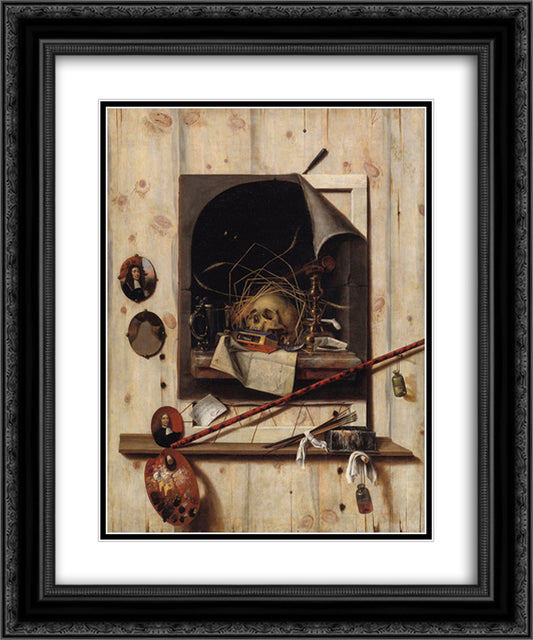 Trompe l'oeil with Studio Wall and Vanitas Still Life 20x24 Black Ornate Wood Framed Art Print Poster with Double Matting by Gysbrechts, Cornelis Norbertus