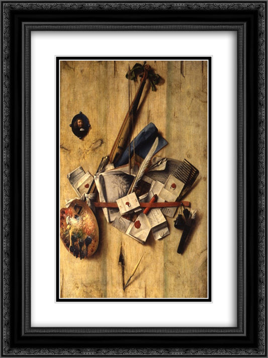 Trompe l'oeil with violin, painter's implements and self-portrait 18x24 Black Ornate Wood Framed Art Print Poster with Double Matting by Gysbrechts, Cornelis Norbertus