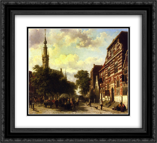 A Busy Market in Veere with the Clocktower of the Town Hall Beyond 22x20 Black Ornate Wood Framed Art Print Poster with Double Matting by Springer, Cornelis