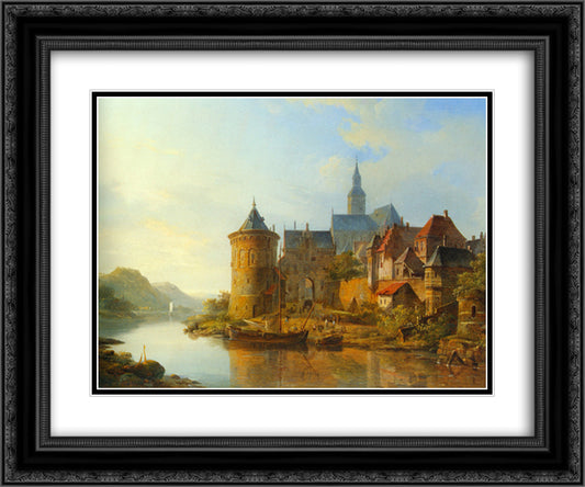 A View of a Town along the Rhine 24x20 Black Ornate Wood Framed Art Print Poster with Double Matting by Springer, Cornelis