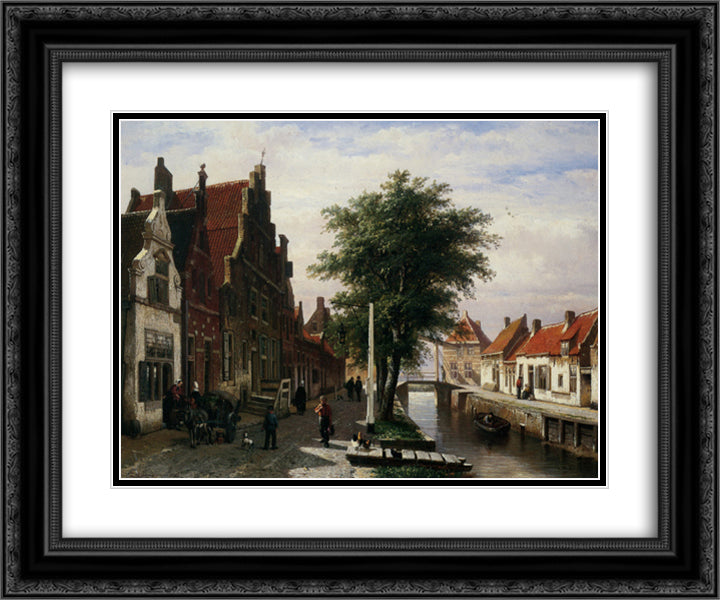 Along the Canal 24x20 Black Ornate Wood Framed Art Print Poster with Double Matting by Springer, Cornelis