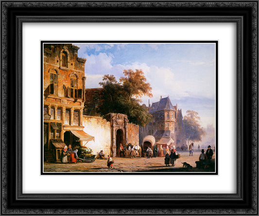 Cityview wiith marketstall 24x20 Black Ornate Wood Framed Art Print Poster with Double Matting by Springer, Cornelis