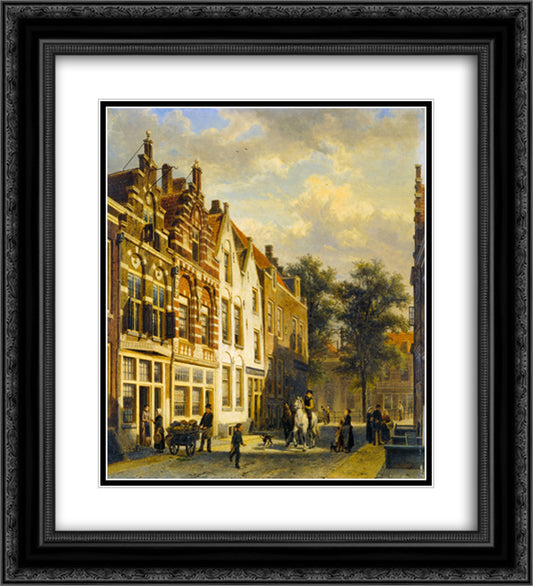 Figures in the Sunlit Streets of a Dutch Town 20x22 Black Ornate Wood Framed Art Print Poster with Double Matting by Springer, Cornelis