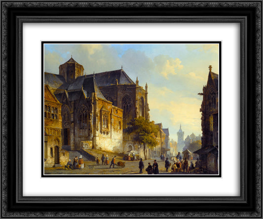 Figures on a Market Square in a Dutch Town 24x20 Black Ornate Wood Framed Art Print Poster with Double Matting by Springer, Cornelis