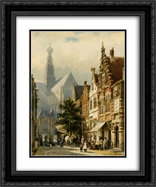 Many figures in the streets of Haarlem 20x24 Black Ornate Wood Framed Art Print Poster with Double Matting by Springer, Cornelis