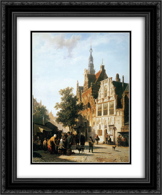 Marketview with cityhall Woerden 20x24 Black Ornate Wood Framed Art Print Poster with Double Matting by Springer, Cornelis