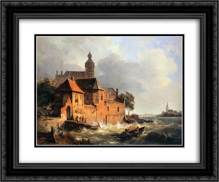 Men in boat at choppy sea 24x20 Black Ornate Wood Framed Art Print Poster with Double Matting by Springer, Cornelis