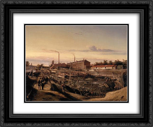 The construction of two gasholders for the Hollandsche Gazfabriek on the Schans 24x20 Black Ornate Wood Framed Art Print Poster with Double Matting by Springer, Cornelis