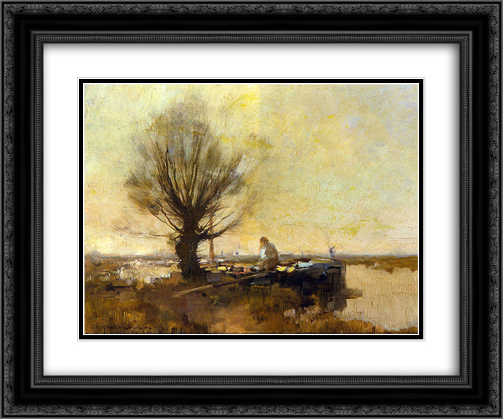 A Peasant in a Moored Barge 24x20 Black Ornate Wood Framed Art Print Poster with Double Matting by Vreedenburgh, Cornelis