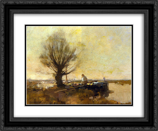 A Peasant in a Moored Barge 24x20 Black Ornate Wood Framed Art Print Poster with Double Matting by Vreedenburgh, Cornelis