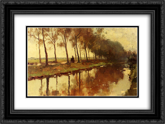 A Peasant Woman On A Path Along A Canal 24x18 Black Ornate Wood Framed Art Print Poster with Double Matting by Vreedenburgh, Cornelis