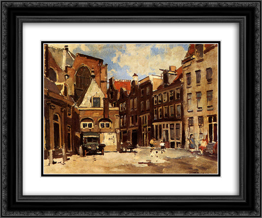 A Townscene With Children At Play, Haarlem 24x20 Black Ornate Wood Framed Art Print Poster with Double Matting by Vreedenburgh, Cornelis