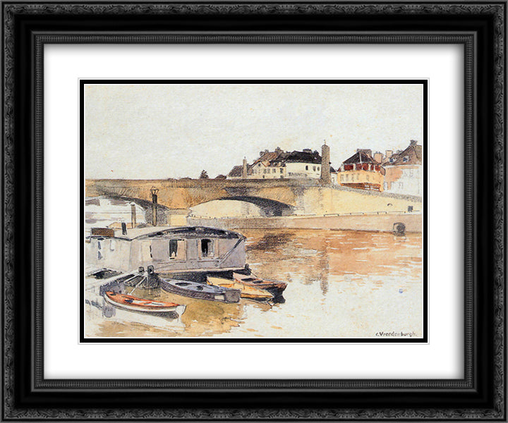 Bridge Over River 24x20 Black Ornate Wood Framed Art Print Poster with Double Matting by Vreedenburgh, Cornelis