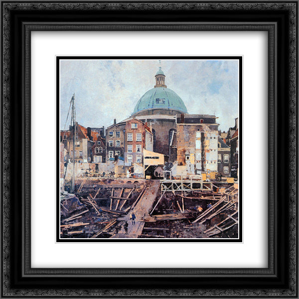 Building Well With Church Amsterdam 20x20 Black Ornate Wood Framed Art Print Poster with Double Matting by Vreedenburgh, Cornelis