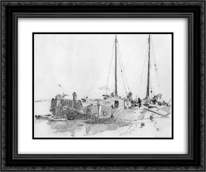 Docked Boats 24x20 Black Ornate Wood Framed Art Print Poster with Double Matting by Vreedenburgh, Cornelis