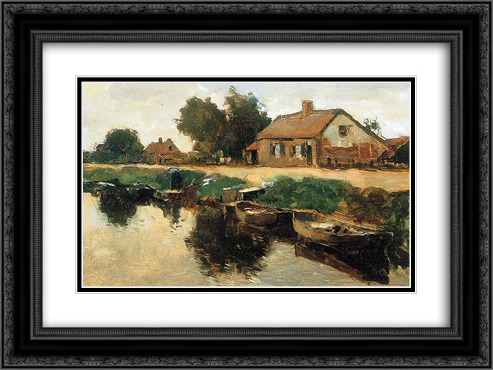 Farm Along The Canal 24x18 Black Ornate Wood Framed Art Print Poster with Double Matting by Vreedenburgh, Cornelis
