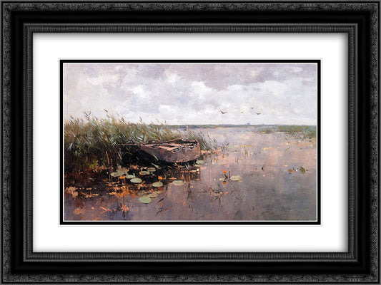 View Of A Puddle And A Boat 24x18 Black Ornate Wood Framed Art Print Poster with Double Matting by Vreedenburgh, Cornelis