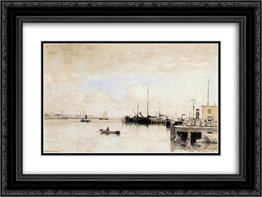 View On The IJ In Amsterdam 24x18 Black Ornate Wood Framed Art Print Poster with Double Matting by Vreedenburgh, Cornelis