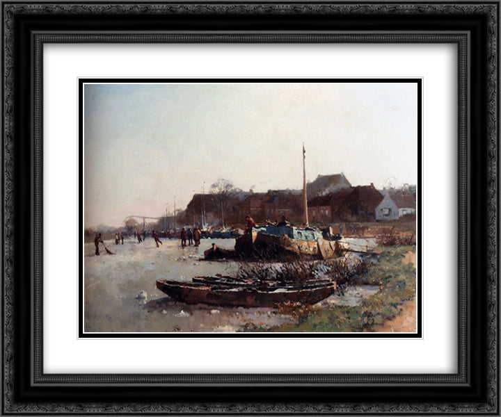 Winterfun On De Loswal, Hattem 24x20 Black Ornate Wood Framed Art Print Poster with Double Matting by Vreedenburgh, Cornelis