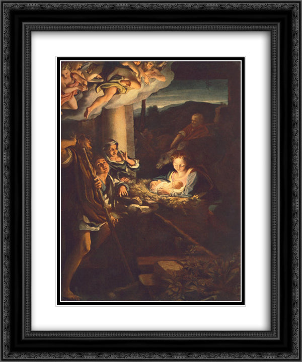 Adoration of the Shepherds (The Holy Night) 20x24 Black Ornate Wood Framed Art Print Poster with Double Matting by Correggio