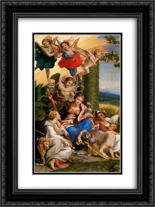 Allegory of the Virtues 18x24 Black Ornate Wood Framed Art Print Poster with Double Matting by Correggio