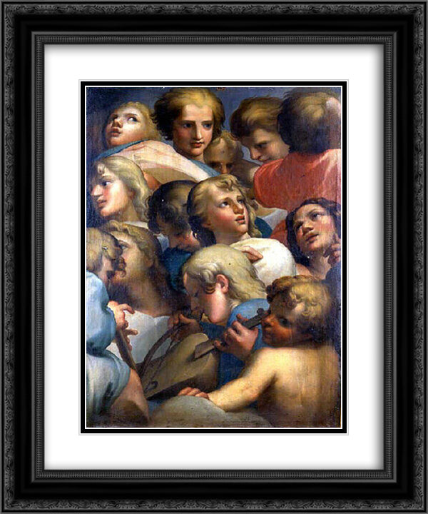 Group of angels from Correge 20x24 Black Ornate Wood Framed Art Print Poster with Double Matting by Correggio