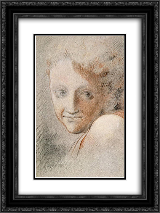 Head of an Angel 18x24 Black Ornate Wood Framed Art Print Poster with Double Matting by Correggio