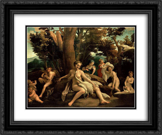 Leda and the Swan 24x20 Black Ornate Wood Framed Art Print Poster with Double Matting by Correggio