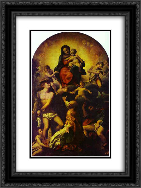 Madonna and Child with St. Sebastian 18x24 Black Ornate Wood Framed Art Print Poster with Double Matting by Correggio