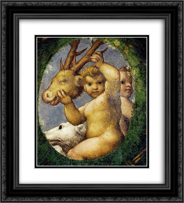 Putto With Hunting Trophy 20x22 Black Ornate Wood Framed Art Print Poster with Double Matting by Correggio