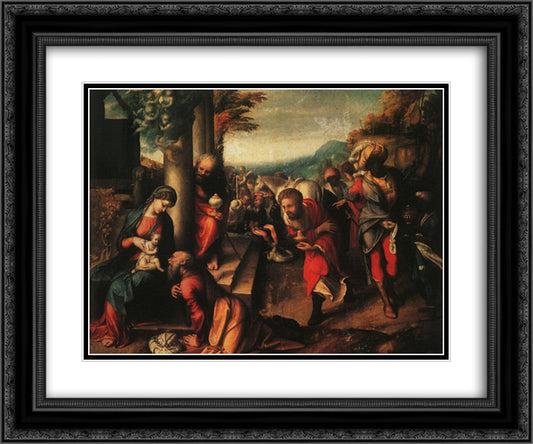 The Adoration of the Magi 24x20 Black Ornate Wood Framed Art Print Poster with Double Matting by Correggio