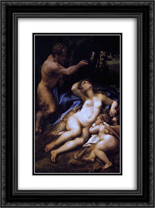 Venus, Satyr and Cupid 18x24 Black Ornate Wood Framed Art Print Poster with Double Matting by Correggio