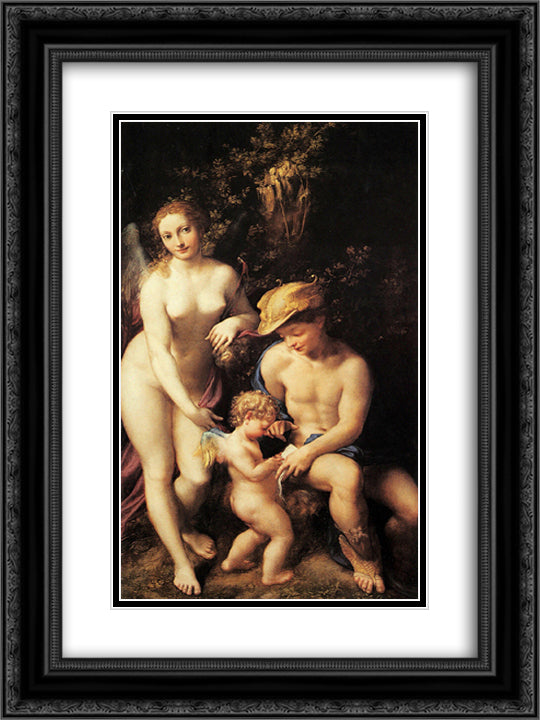 Venus with Mercury and Cupid (The School of Love) 18x24 Black Ornate Wood Framed Art Print Poster with Double Matting by Correggio